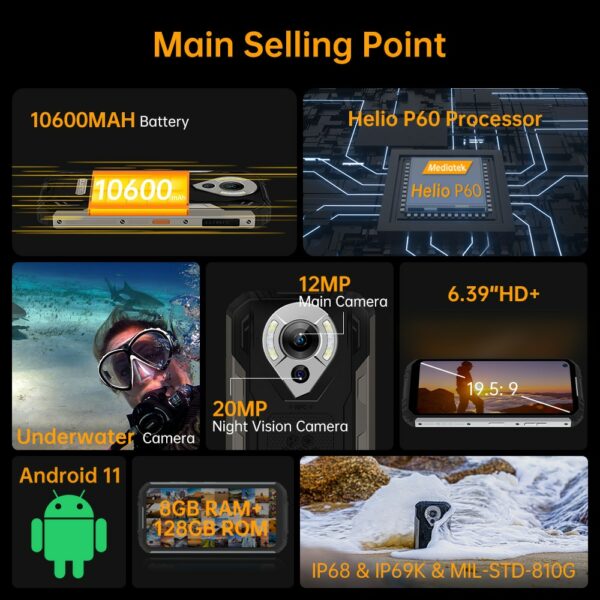 Oukitel WP16 Rugged Smartphone 6.4" 8GB + 128GB 10600mAh Octa Core Mobile Phone 20MP Camera Helio P60 Cell Phone NFC - Image 3