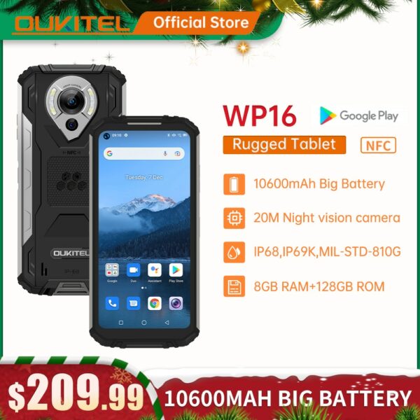 Oukitel WP16 Rugged Smartphone 6.4" 8GB + 128GB 10600mAh Octa Core Mobile Phone 20MP Camera Helio P60 Cell Phone NFC