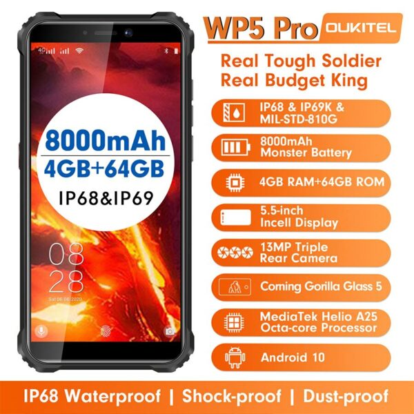 Oukitel WP5 Pro Dual 4G Waterproof Rugged Smartphone 8000mAh 5.5'' 4GB+64GB 13MP Camera Android 10 Qcta-core Mobile Phone - Image 3