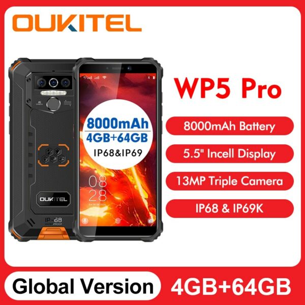 Oukitel WP5 Pro Dual 4G Waterproof Rugged Smartphone 8000mAh 5.5'' 4GB+64GB 13MP Camera Android 10 Qcta-core Mobile Phone