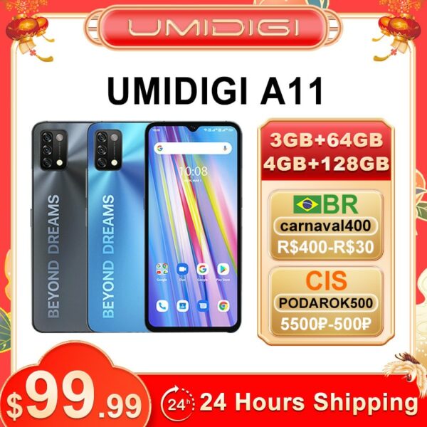 UMIDIGI A11 Global Version 3GB/4GB+64GB/128GB Android 11 Smartphone Helio G25 CPU 6.53"16MP AI Triple Camera HD+ 5150mAh