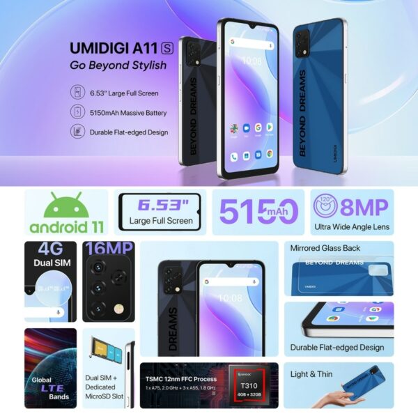 UMIDIGI A11S Global Version 4GB 32GB/6GB Smartphone 5150 mAh Android 11 Mobile Phone 16MP Triple Camera 6.53" HD+ Cellphone - Image 2