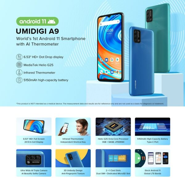 UMIDIGI A9 Android 11 Global Version Smartphone 13MP AI Triple Camera 3GB 64GB Helio G25 Octa Core 6.53" HD+ 5150mAh Cellphone - Image 2