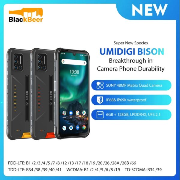 UMIDIGI BISON IP68/IP69K Waterproof Mobile Phone 6.3" FHD+ Display 4G Rugged SmartPhone 6GB+128GB Octa Core Android 10 Cellphone