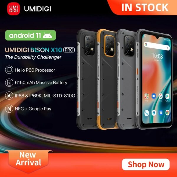 UMIDIGI BISON X10 Pro X10 Rugged Smartphone IP68&IP69K Waterproof 4GB+128GB Mobile Phone 20MP Rear Camera Cellphone 6150mAh NFC