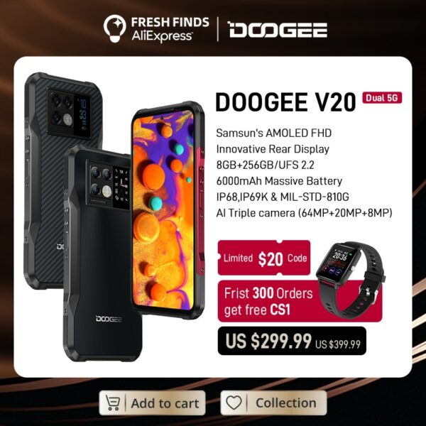 [World Premiere] DOOGEE V20 5G 6.43"FHD AMOLED Display Innovative Rear Display Rugged Phone 8+256GB 64MP Camera 6000mAh Phone