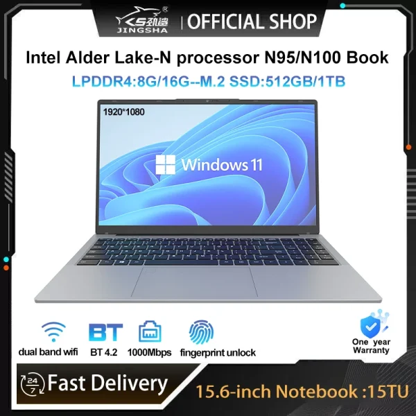 JINGSHA 15.6" Slim Laptop 16GB RAM 1TB SSD Intel N95/N100 Notebook 15TU Gamer 1920*1080 Office Study Computer PC Windows 11 BT42