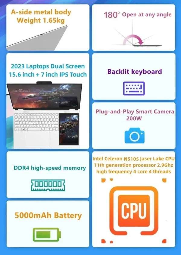 New Arrivals Dual Screen Laptop INTEL N5105 N95 16G DDR4 - 1TB SSD 15.6" IPS 2K Screen+7" Touch LCD PC Portable Notebook - Image 6