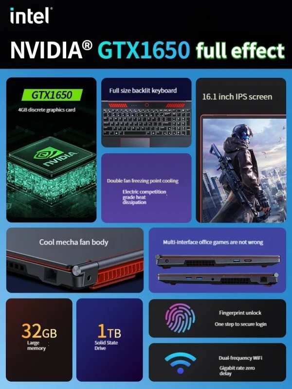 2024 New Gaming Laptop Computer Intel Core i9-10885H i7 10870H GTX1650 4G 16.1 Inch IPS Screen RAM Max 64GB 2*DDR4 2*M.2 NVMe - Image 5