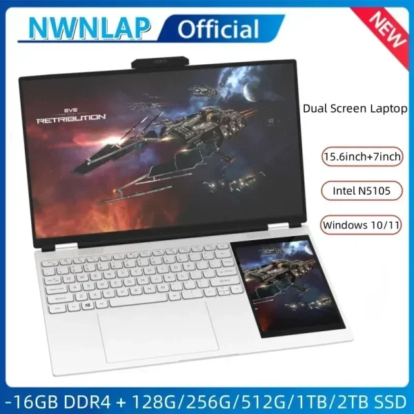 New Arrivals Dual Screen Laptop INTEL N5105 N95 16G DDR4 - 1TB SSD 15.6" IPS 2K Screen+7" Touch LCD PC Portable Notebook